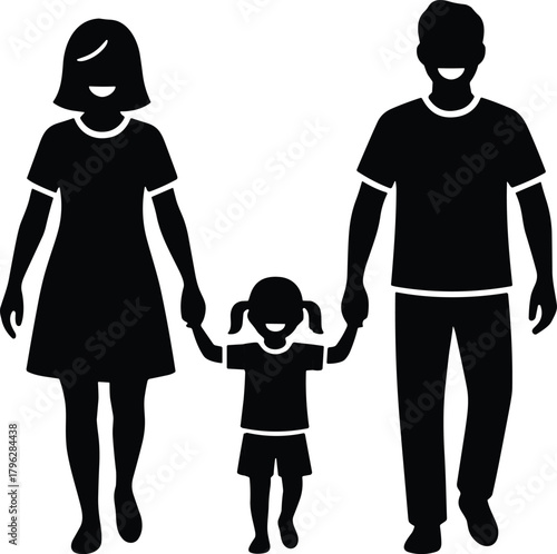 Community group silhouette, family and children holding hands, black and white art, unity concept, social bond, generational connection, inclusive scene