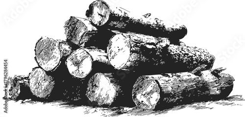 Stacked firewood hand drawn sketch, rustic logs pile in monochrome style — stock vector