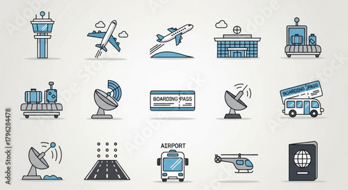 Airport icon set featuring control tower, airplane, boarding pass, luggage, radar, bus, runway, helicopter, and passport