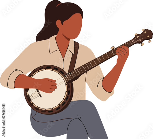 Illustration of a woman playing a banjo with a simple and elegant style against a clean white background.