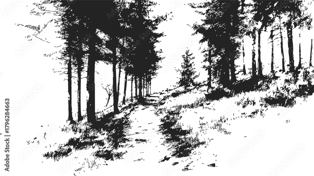 Naklejka premium Forest path sketch, hand drawn line art with trees and winding trail — stock vector