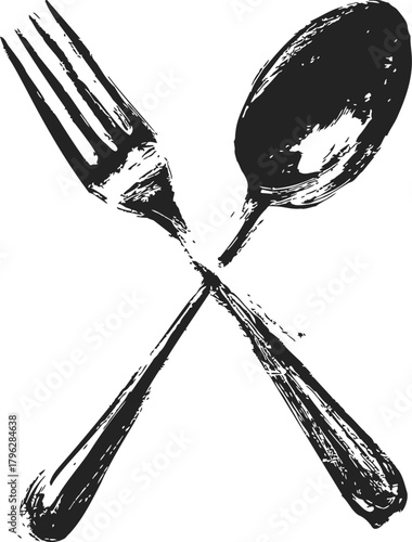 Fork and spoon sketch hand drawn crossed cutlery isolated on white — stock vector