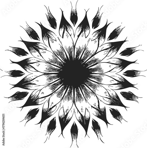Sunflower sketch hand drawn black and white abstract floral mandala — stock vector