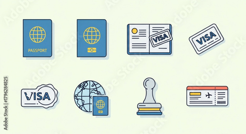 Essential travel documents and visa icons, including passport, visa, stamp, and boarding pass for international travel