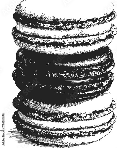 Macarons sketch hand drawn stack of three French cookies detailed line art — stock vector