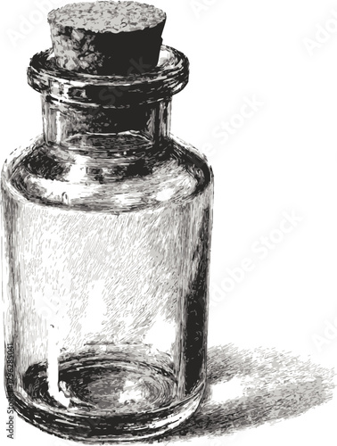 Glass bottle sketch hand drawn with cork stopper isolated on white — stock vector