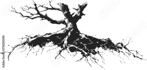 Tree roots exposed sketch, hand drawn vector, intricate root system and bare branches — stock vector