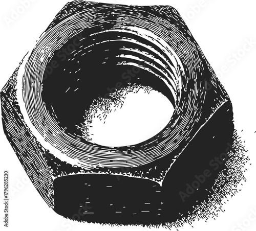 Hex nut sketch hand drawn style with detailed threads and shading — stock vector