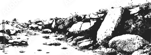 Rocky terrain sketch, hand drawn landscape with boulders and rough ground — stock vector