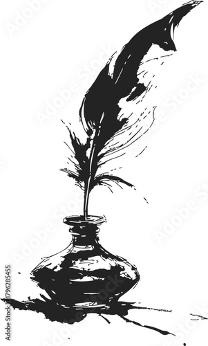 Quill pen sketch, hand drawn style, feather in ink bottle with ink splatters — stock vector