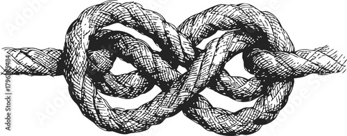 Square knot sketch, hand drawn rope knot in detailed line art style — stock vector