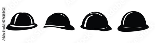Set of four black hard hats displayed from different angles on a