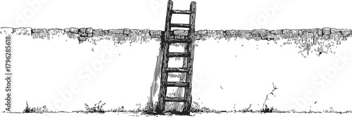 Ladder sketch, hand drawn style, leaning against stone wall outdoors — stock vector