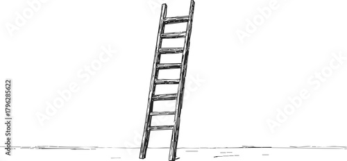 Wooden ladder sketch, hand drawn style, leaning on ground with simple background — stock vector