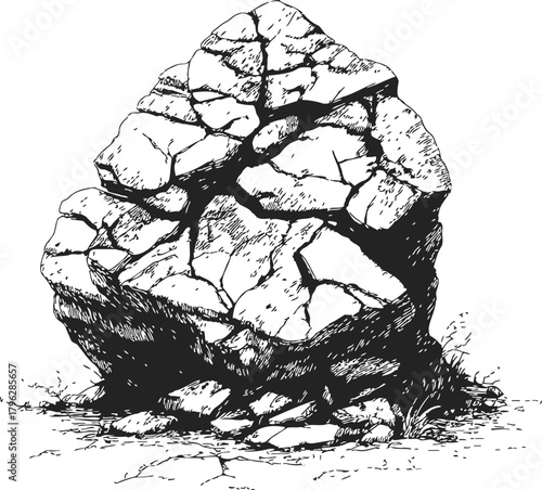Cracked rock hand drawn sketch, detailed stone formation with fissures and grass — stock vector