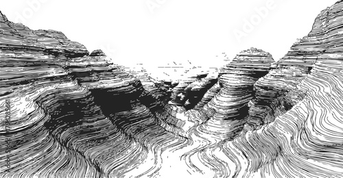 Canyon landscape sketch, hand drawn line art with abstract layered rock formations — stock vector