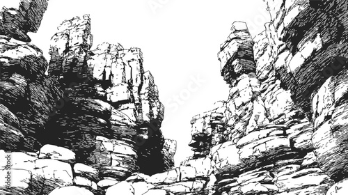 Rock formations sketch, hand drawn rugged cliffs and layered stone landscape — stock vector