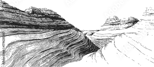 Rock formations sketch, hand drawn landscape with layered sandstone hills and dramatic striations — stock vector