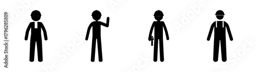 Four construction workers in different poses conveying different actions and attire simple graphics
