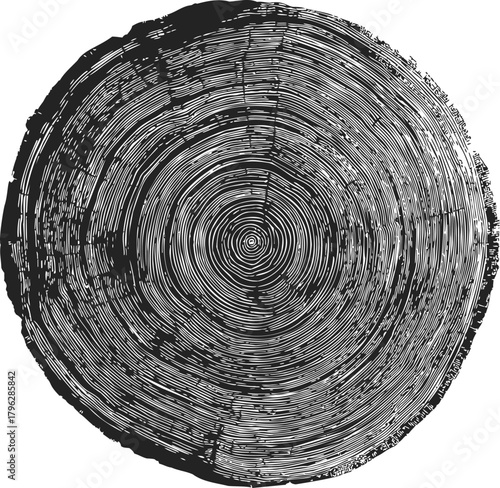 Tree rings sketch, hand drawn cross section showing annual growth rings and natural wood texture — stock vector