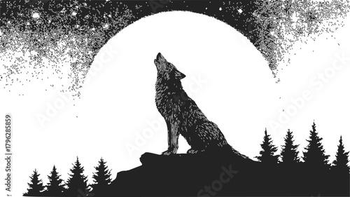 Wolf howling at full moon sketch, hand drawn style with forest and starry night — stock vector