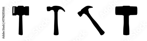 Collection of four black hammer silhouettes showing different angles and types of hammers