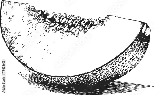 Melon slice sketch, hand drawn style with seeds and textured rind — stock vector