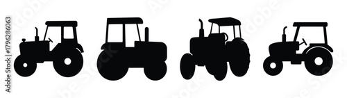 Four silhouetted farm tractors showing different agricultural vehicle designs