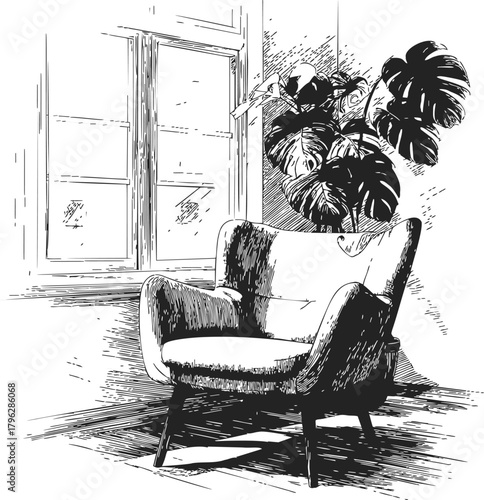 Armchair sketch hand drawn in cozy interior with window and monstera plant — stock vector