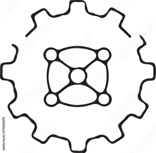 Vector outline icon of a gear with an internal network structure representing settings and connectivity