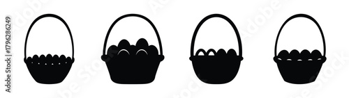 Four easter baskets filled with eggs variety of sizes and amounts of eggs