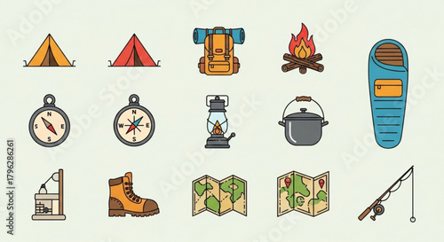 Camping and outdoor adventure icons set, featuring essential gear for exploring nature, including a tent, backpack, compass, campfire, and other equipment