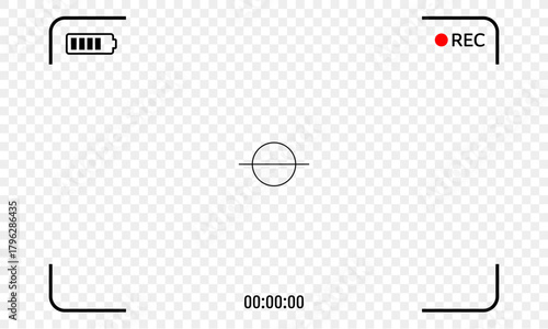 Camcorder or Camera Interface Mockup. Video recording overlay with REC, Battery Level, Timer and Focus Frame Indicators