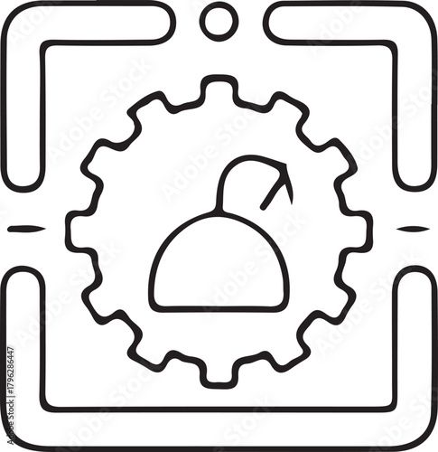 Vector line icon of a gear with a camera inside representing video settings or production process isolated on black.