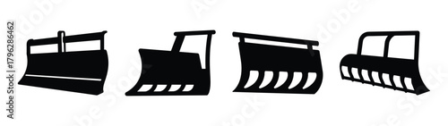 Collection of black bulldozer blades and snow plow attachments shown in various angles