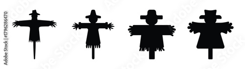 Four silhouette scarecrows various styles and poses harvest autumn farm rural countryside symbols