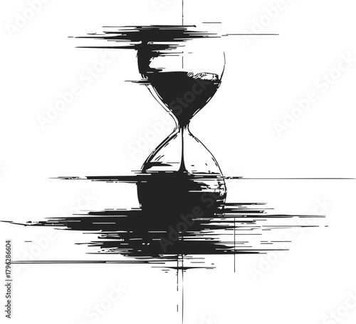 Hourglass sketch hand drawn with abstract glitch effect on white background — stock vector