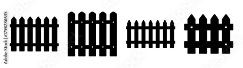 Four distinct wooden picket fences in a row different styles for your design needs