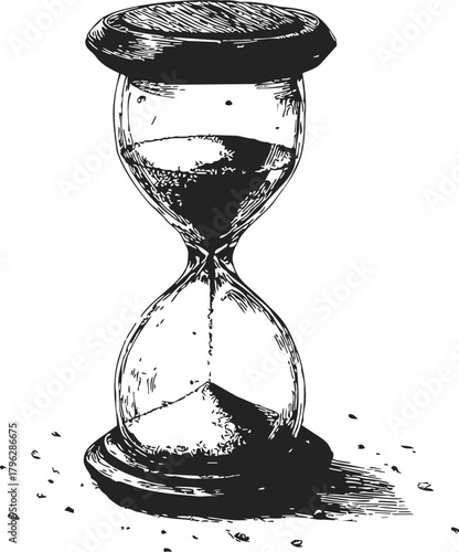 Hourglass sketch hand drawn with scattered sand and vintage style — stock vector