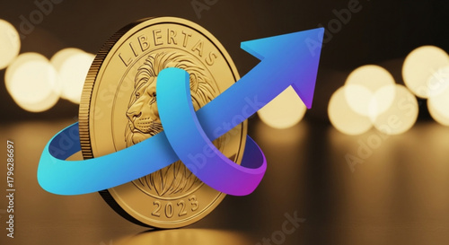 Coin with lion and arrow pointing up, symbolizing financial growth and investment success, set against a bokeh background, showcasing economic prosperity