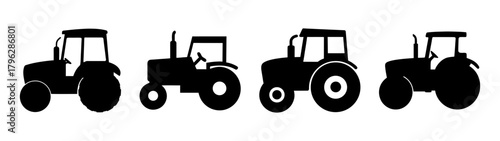 Four silhouette tractor icons agricultural farm machinery vehicle collection for farming industry designs