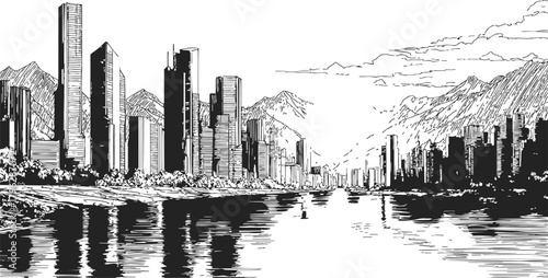 City skyline sketch, hand drawn urban skyscrapers with river and mountains — stock vector