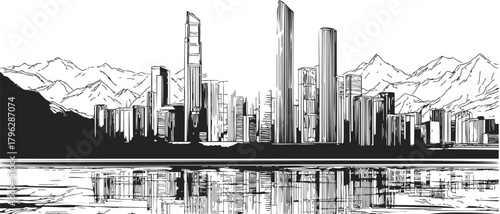City skyline sketch, hand drawn with tall skyscrapers, mountains and water reflection — stock vector