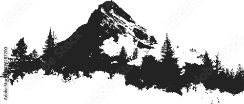 Mountain silhouette sketch, hand drawn pine trees and rugged peak landscape — stock vector