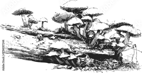 Mushrooms growing on fallen log, sketch hand drawn forest scene — stock vector