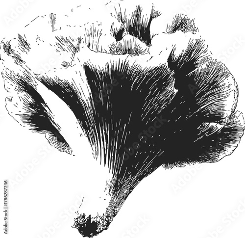 Mushroom hand drawn sketch with detailed gill structure and root base — stock vector