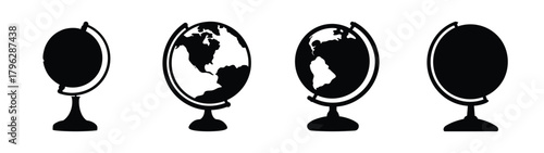 Four globe icons diverse views continents geography education science learning travel world atlas