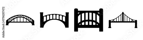 Collection of four black silhouette bridge designs showing different architectural styles