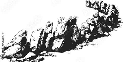 Rock formations, hand drawn sketch, jagged stone pillars and boulders landscape — stock vector