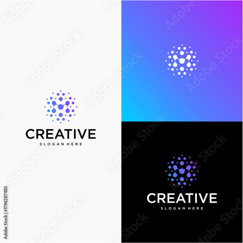 The logo features a circular, abstract design made up of small dots arranged in a radial pattern. The dots grow larger as they move outward, creating a sense of motion and depth—almost like an expandi